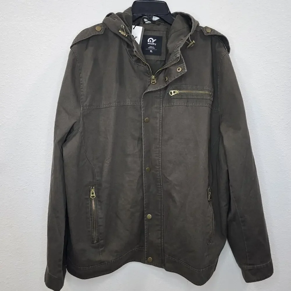 Whattry Men’s Utility Jacket XL Brown Hooded Military Field Coat Cargo Casual